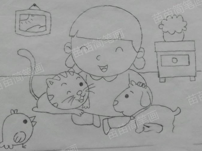 爱动物的小女孩简笔画教程