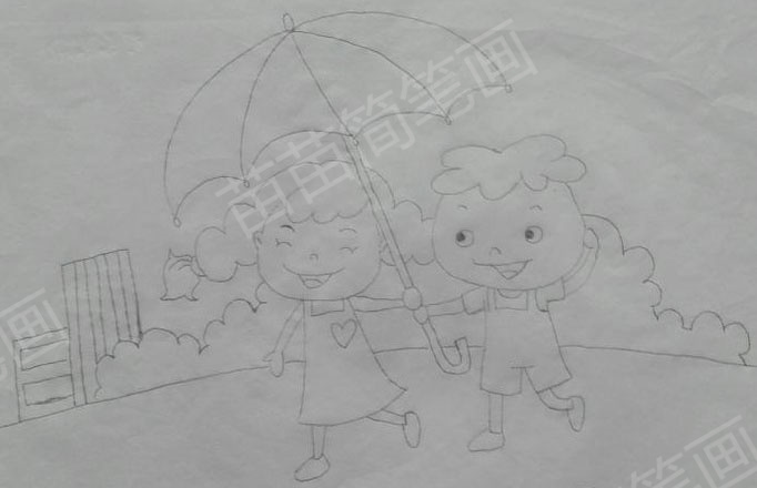 如何绘制打雨伞的孩子们的简笔画
