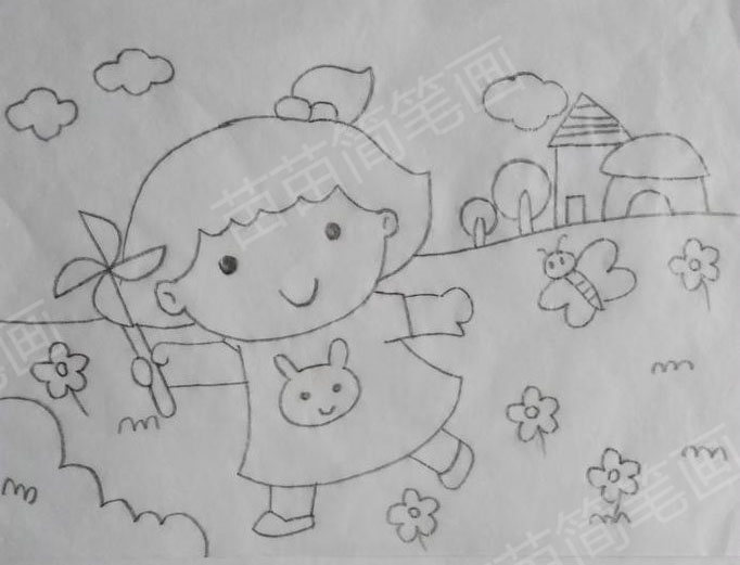 小女孩玩风车简笔画教程